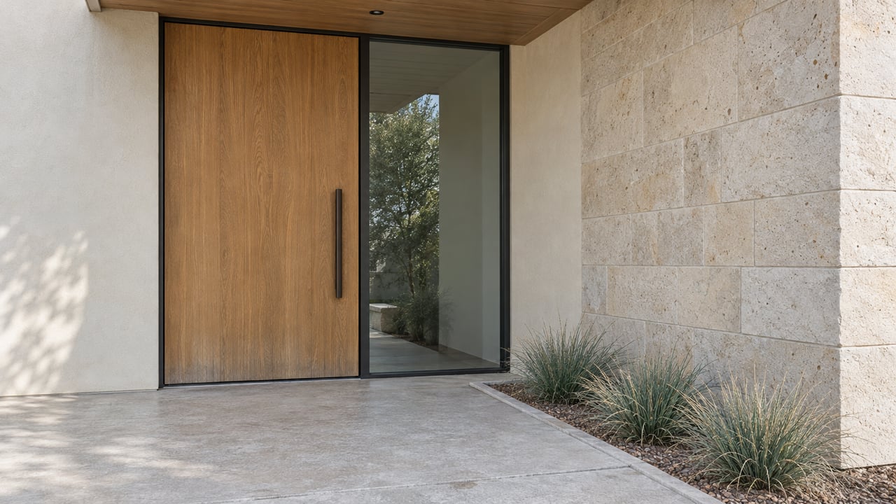 Sheltered contemporary entry with an oak door, steel-framed sidelight, pale limestone and three arching native fescue clumps beside a concrete landing.