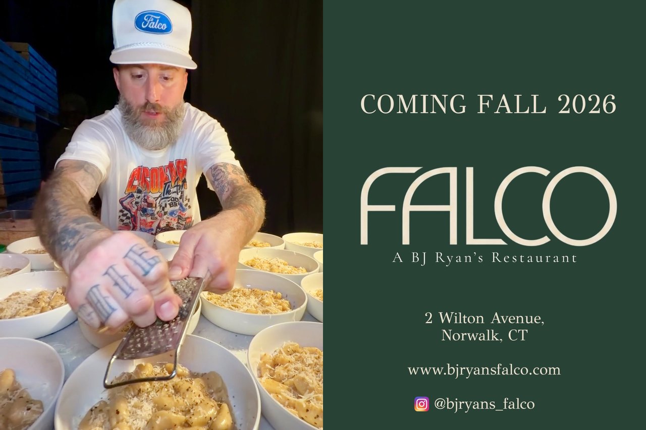 Falco restaurant opening announcement for fall 2026, with a man preparing pasta and the Norwalk address.