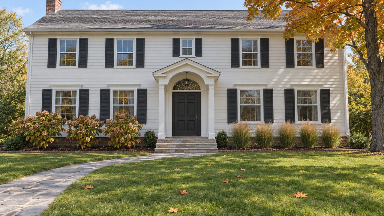 White clapboard home with black shutters and an arched entry transom, seen across a deep lawn and limestone walk beneath an autumn maple.