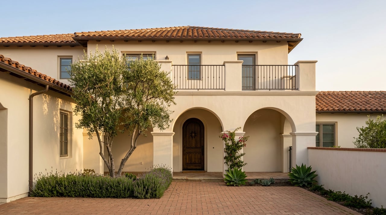 Two-story cream stucco villa with terracotta roof, arched entry, iron balcony, olive tree, and lavender-lined paver court.