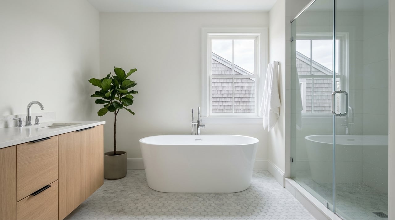 Renovated primary bathroom with white oak cabinetry and chrome fixtures.
