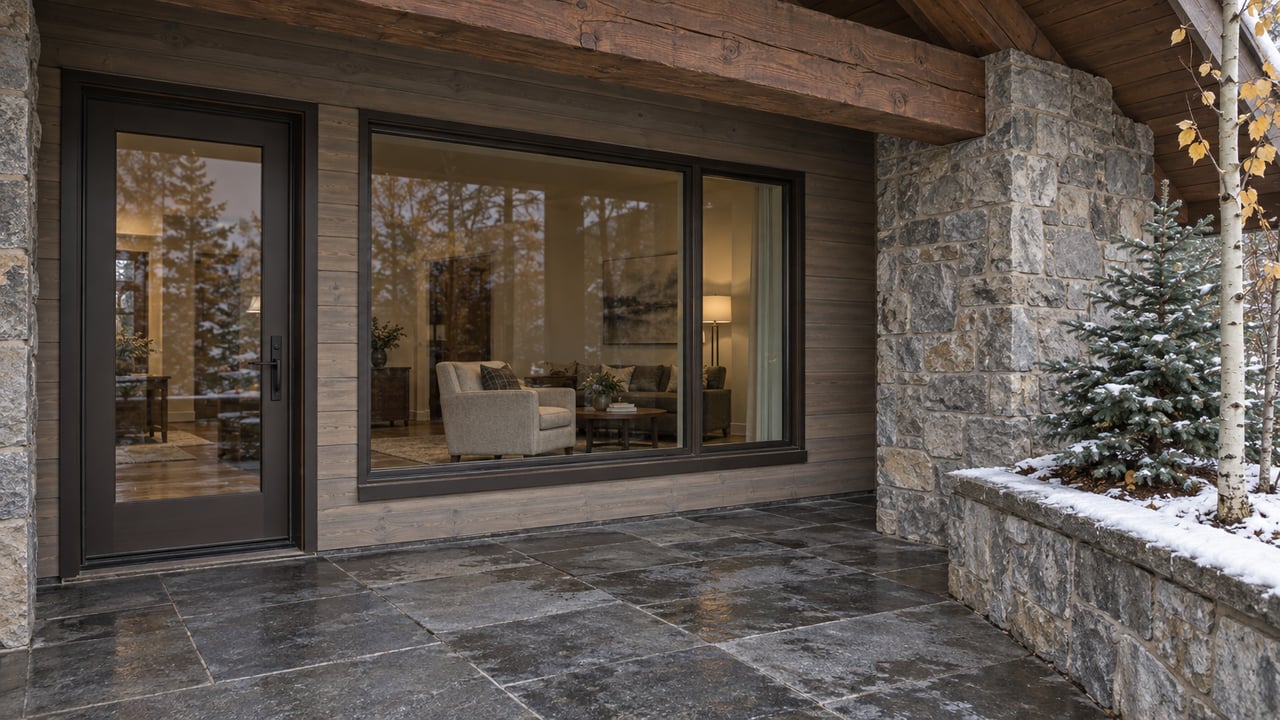 Timber and stone residential entrance opening onto a quartzite terrace, with closed bronze-framed glazing and light snow on a raised planter.