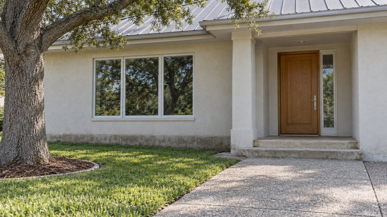 Light-stucco home with a recessed oak entrance, shell-aggregate walkway and a mature live oak beside the lawn.