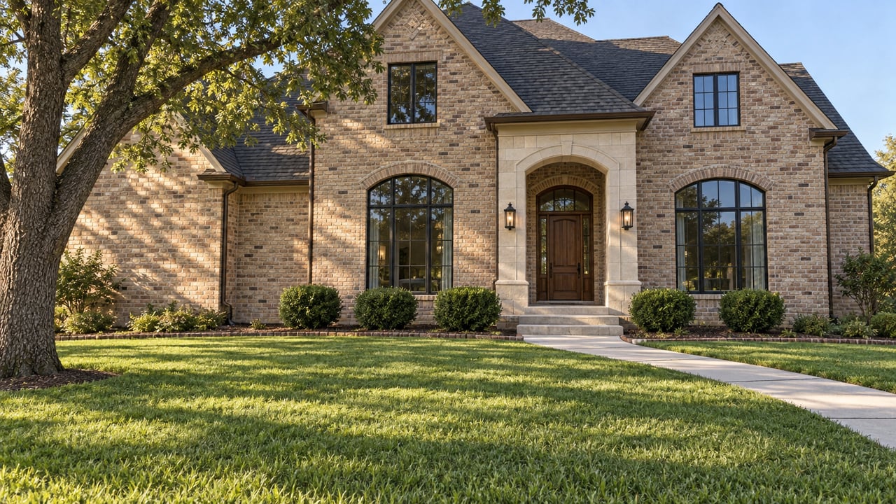 Warm brick home with steep dark gables, arched windows, a deep front lawn and a mature spreading oak in morning light.