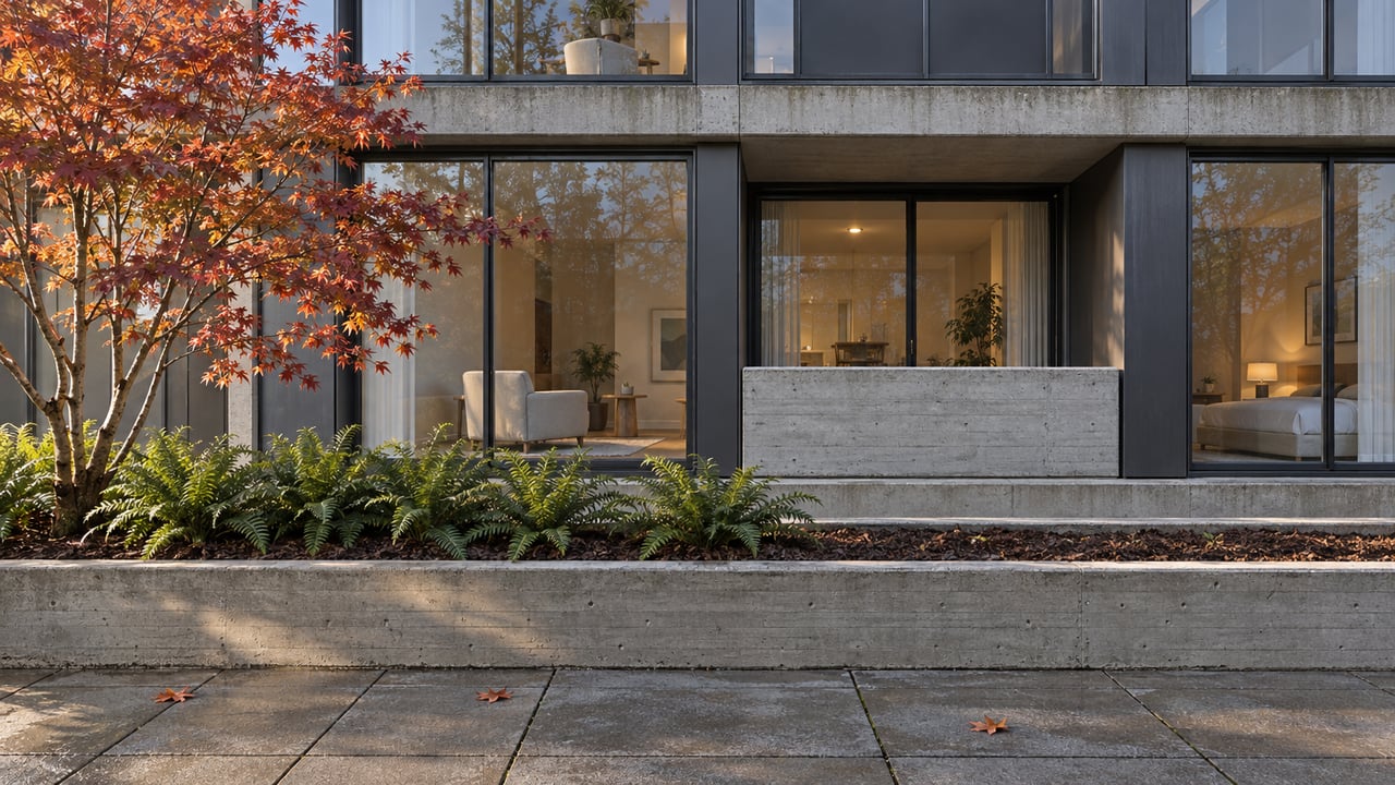 Afternoon light crosses a glass-and-concrete condominium facade above a planted terrace with an autumn vine maple and sword ferns.