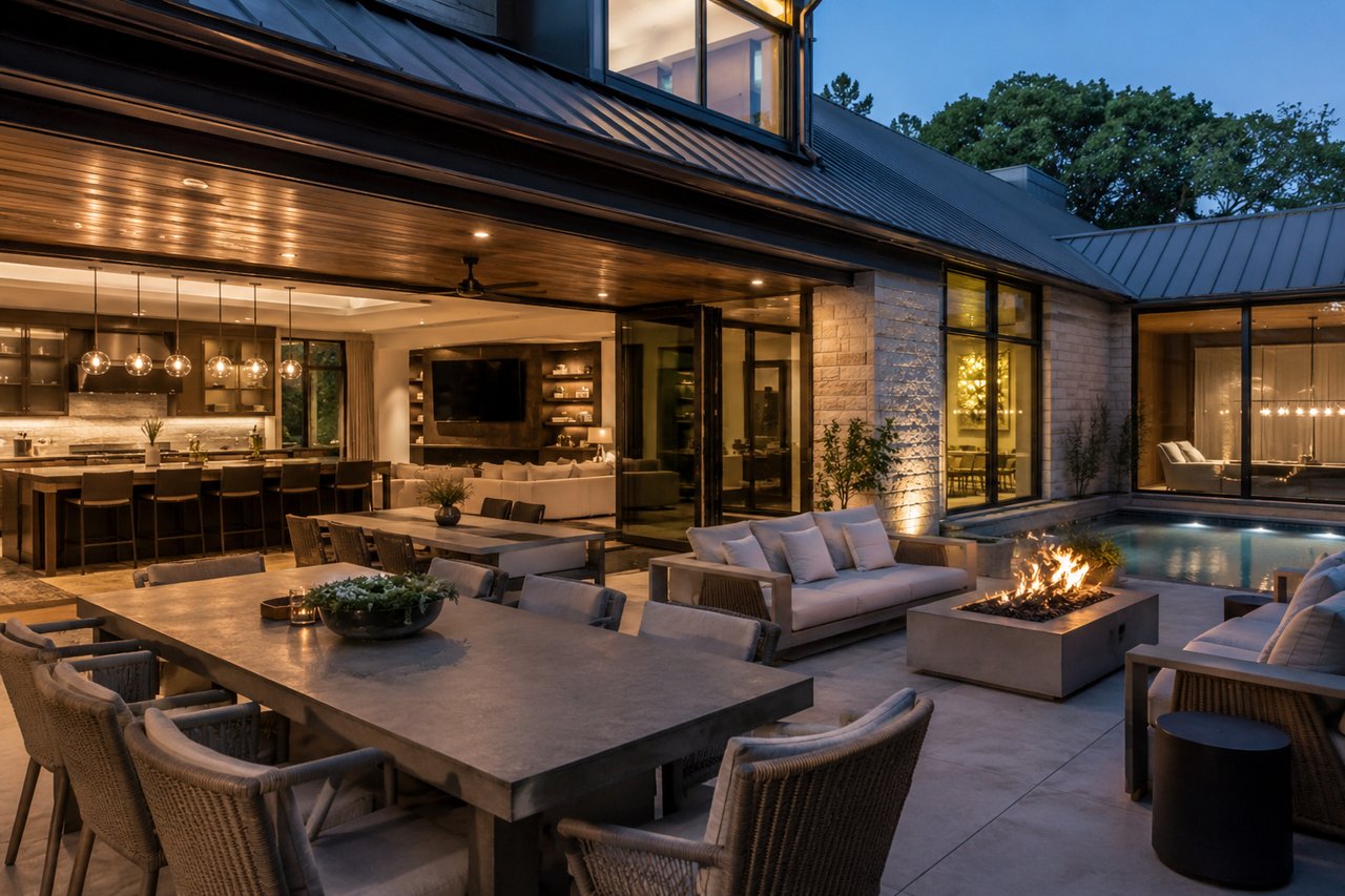 Modern luxury home featuring an expansive open-concept living area that flows seamlessly to a covered outdoor entertaining space with a gourmet kitchen, spacious dining area, fire pit lounge, and resort-style pool, showcasing premium amenities designed for hosting guests.