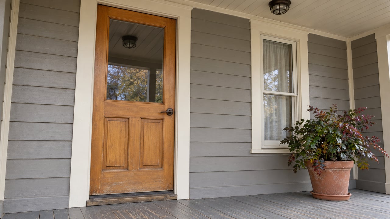 A glazed fir front door beside gray lap siding and a cream-trimmed window, with a potted Oregon grape on a worn painted porch.