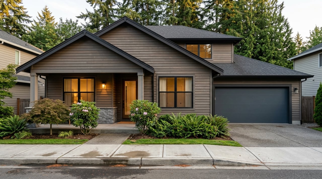Contemporary Craftsman home viewed from the street at sunset