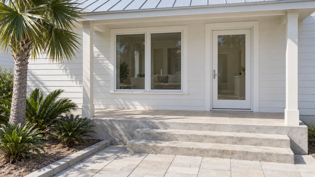 Sunlit compact white cottage with a pale metal roof, glazed entry, concrete steps, and a small planted approach.