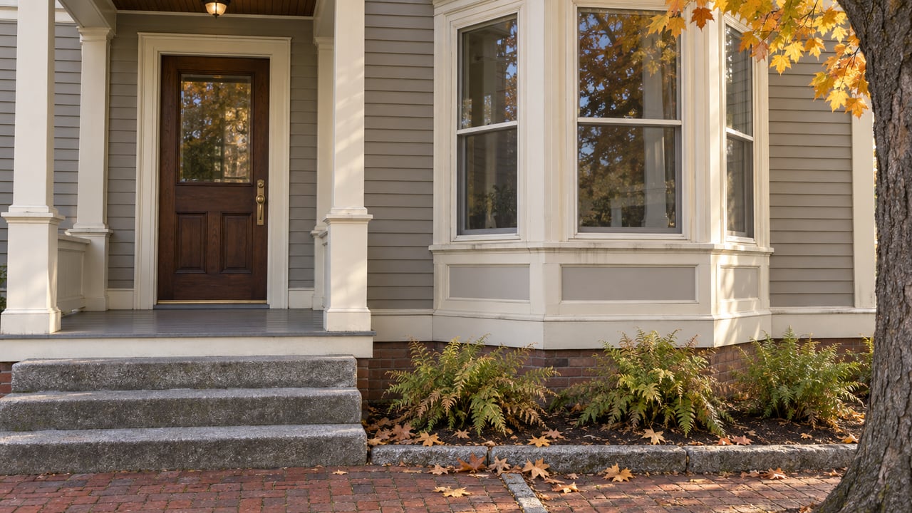 Gray clapboard home with a covered oak entry, cream-trimmed bay windows, worn granite steps and orange maple leaves.