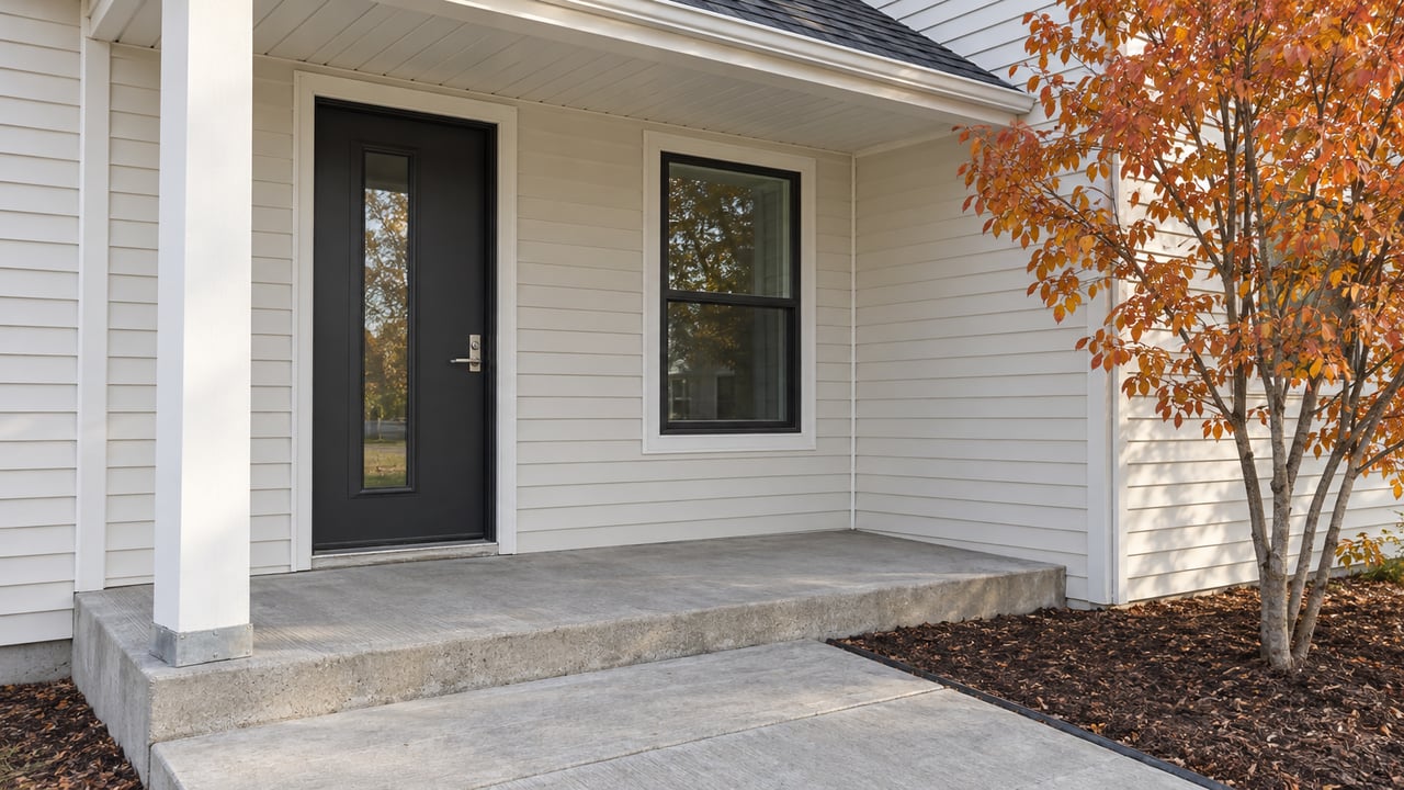 Covered entry of a modest new home with warm-white siding, a dark glazed door, concrete steps and copper-orange serviceberry leaves.