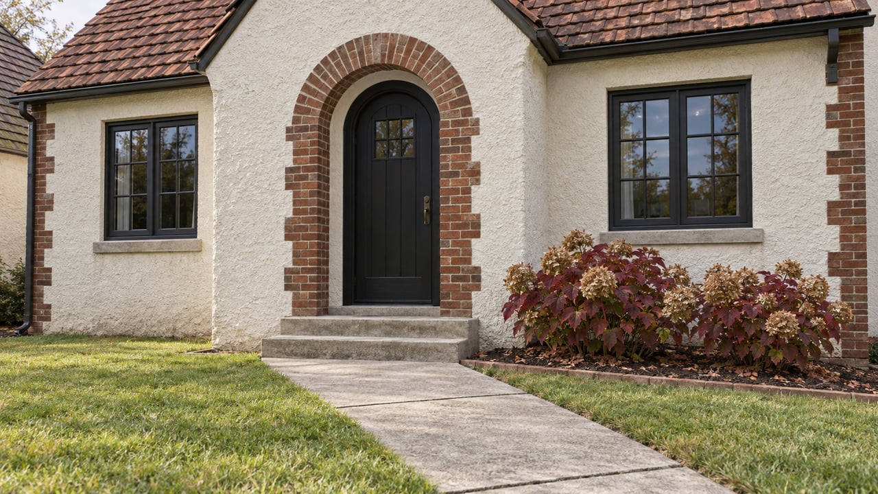 Brick-trimmed cream stucco cottage with a red clay tile gable, arched black entry door, lawn and autumn oakleaf hydrangeas.