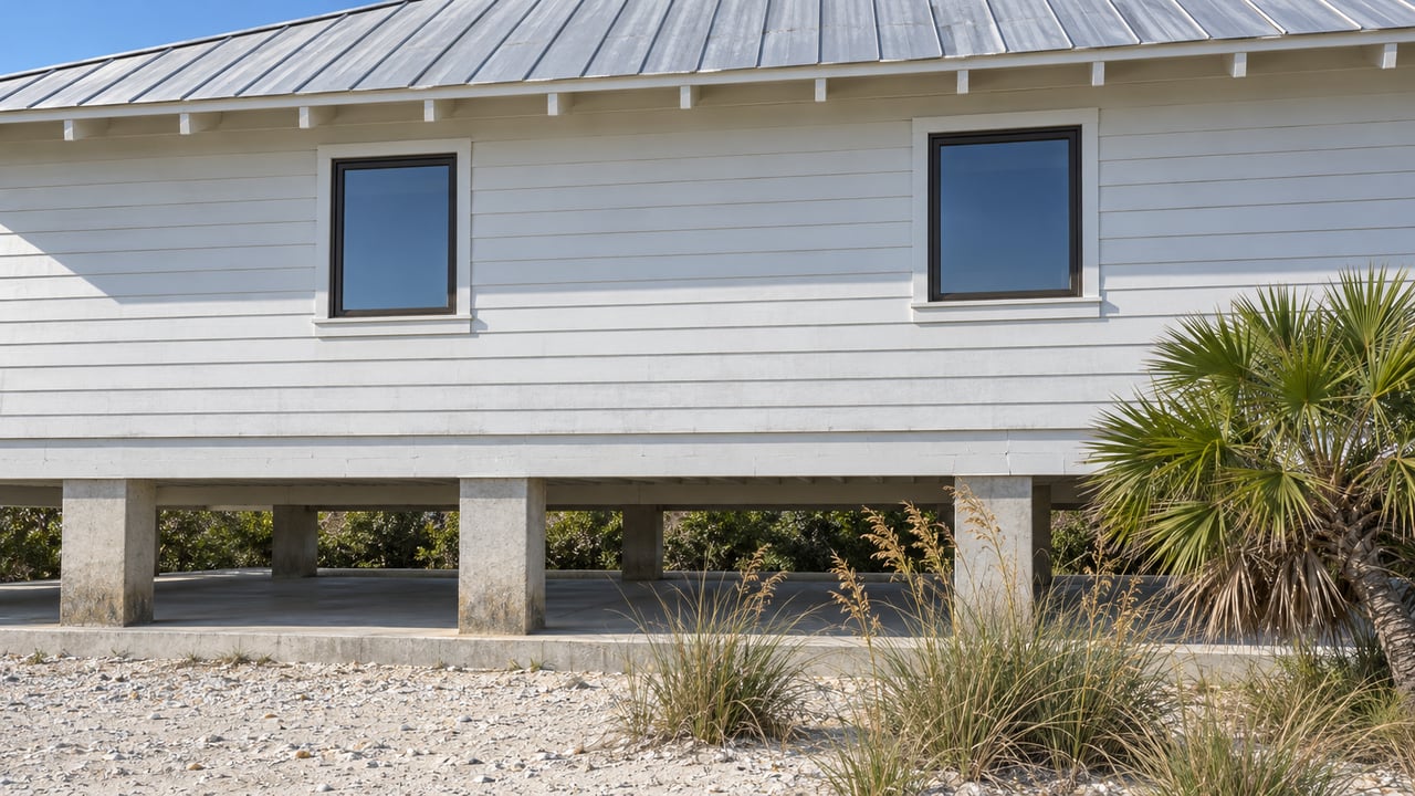 Sunlit white lap-sided coastal house on concrete piers, with a pale metal roof, closed windows, a sculptural saw palmetto and tawny sea oats.