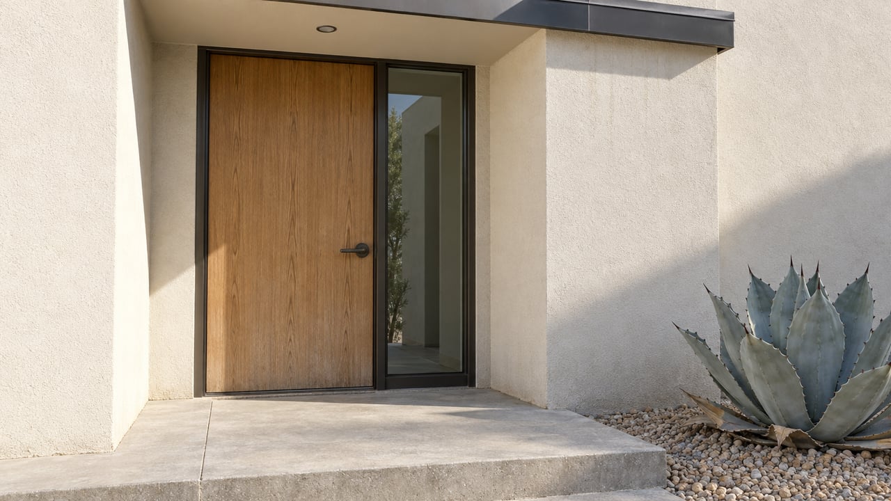 Close view of an oak entry door and bronze-framed sidelight beneath a shallow canopy, with warm stucco, a raised concrete landing and a powder-blue agave.
