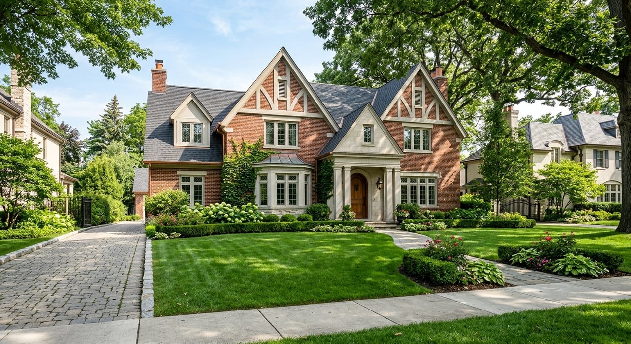 Red-brick home with a limestone entry, gabled roof, curved walkway, and mature maple tree.