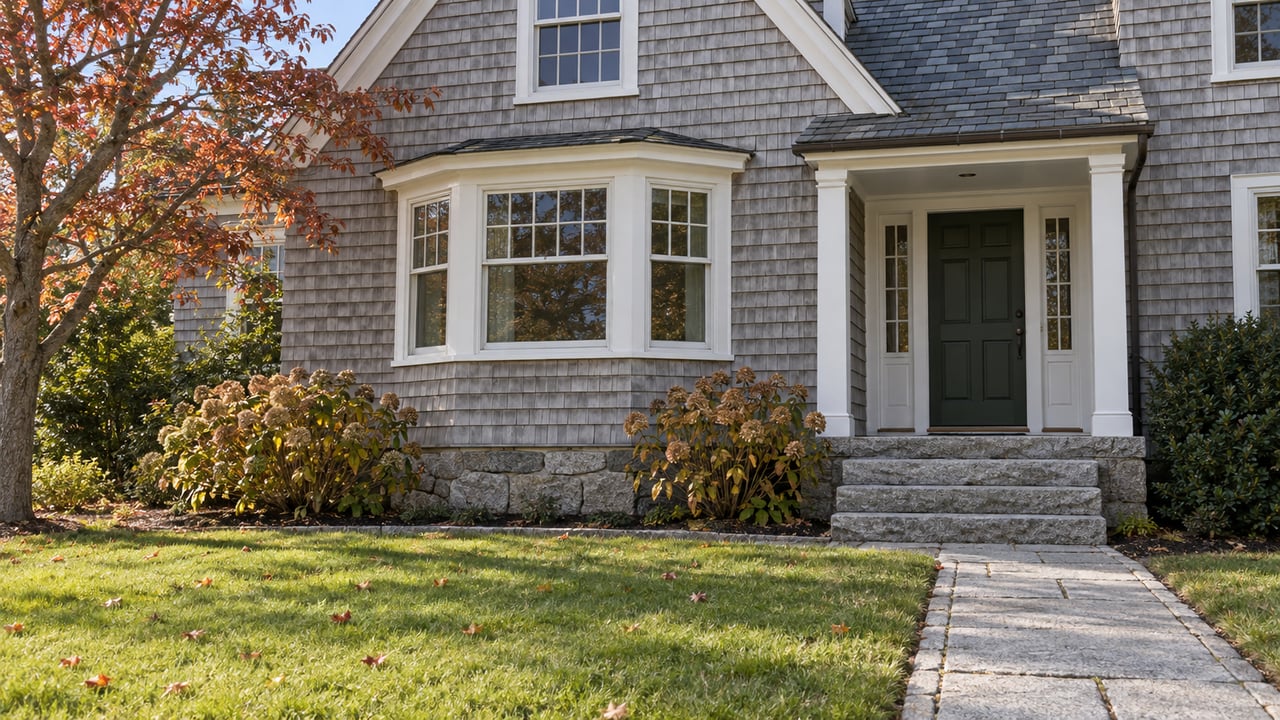 Weathered cedar-shingle home with divided-light windows, a dark green entry door, granite steps and an autumn lawn.