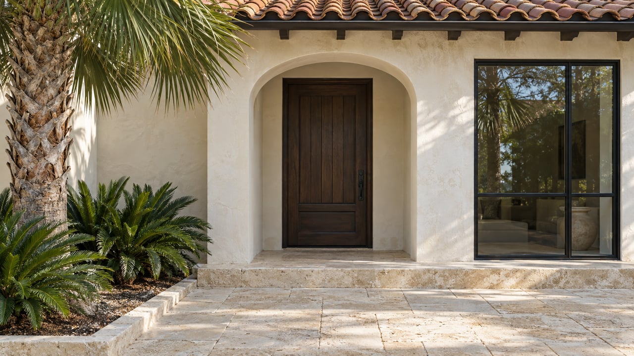 Coastal villa entry with a recessed arched doorway, black-framed window, limestone pavers, and a palmetto.