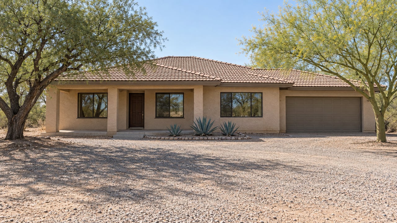 Single-story stucco ranch home set back across a broad gravel approach, with a shaded porch, mesquite, palo verde and agaves.