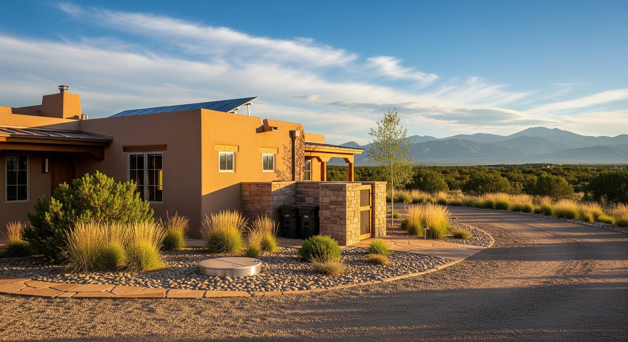 Modern adobe house beside a gravel drive, with desert grasses and mountains in the background.