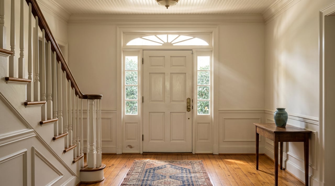 Formal foyer with a paneled front door, staircase, and sunlight falling across a patterned runner on heart pine floors.