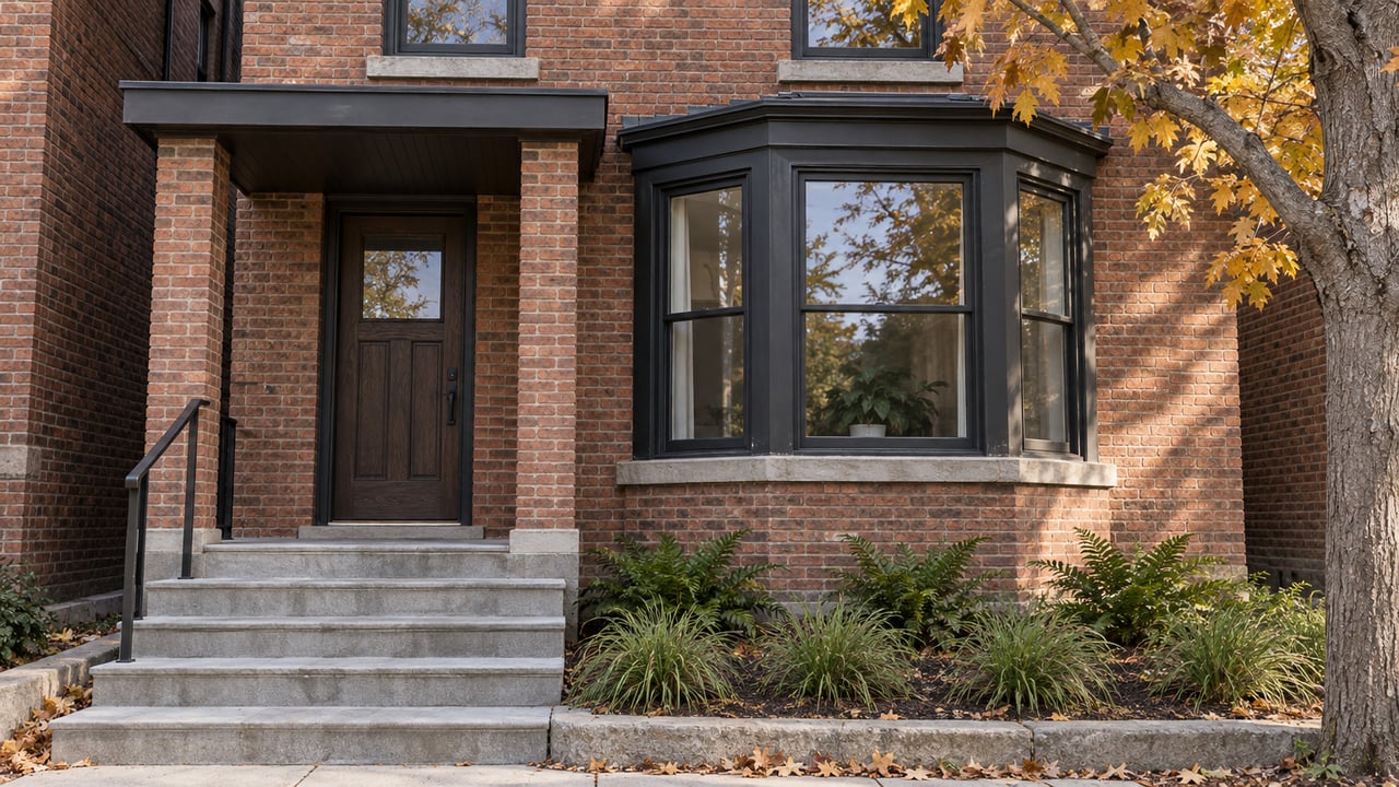 Red-brick attached home with dark bay windows, an oak entry door, limestone steps and amber maple leaves.