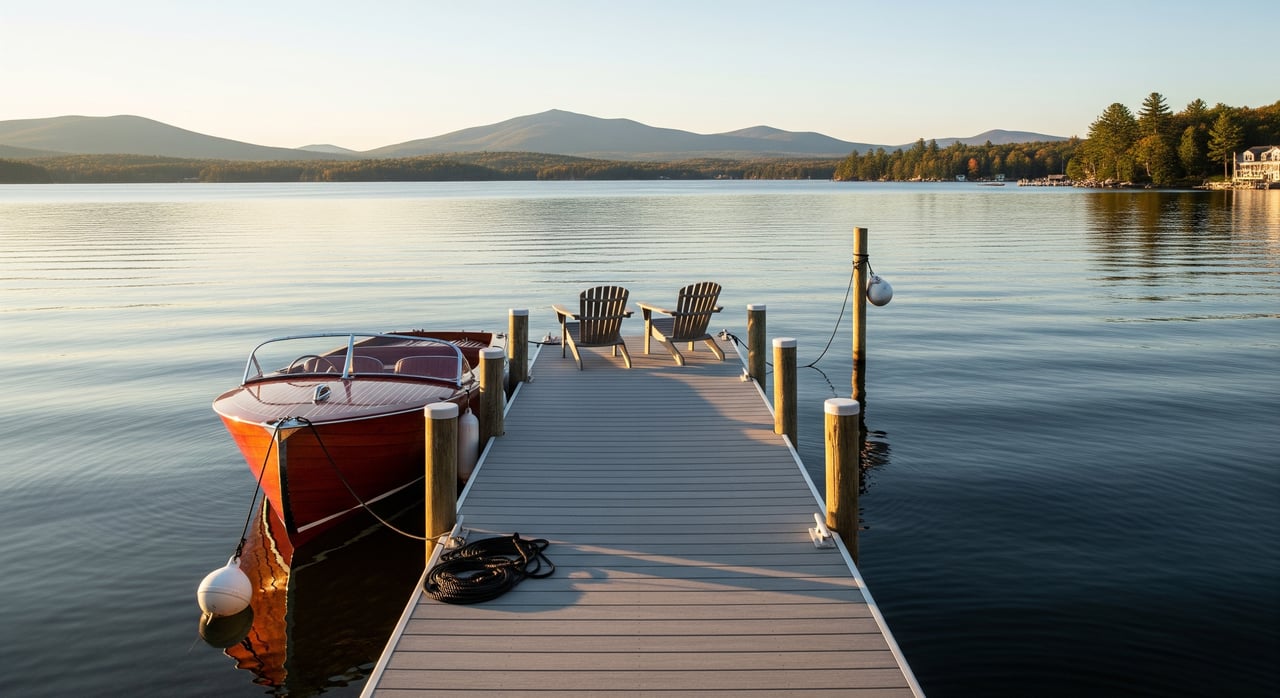 A wooden dock with two chairs extends across a calm lake beside a red-and-white motorboat.