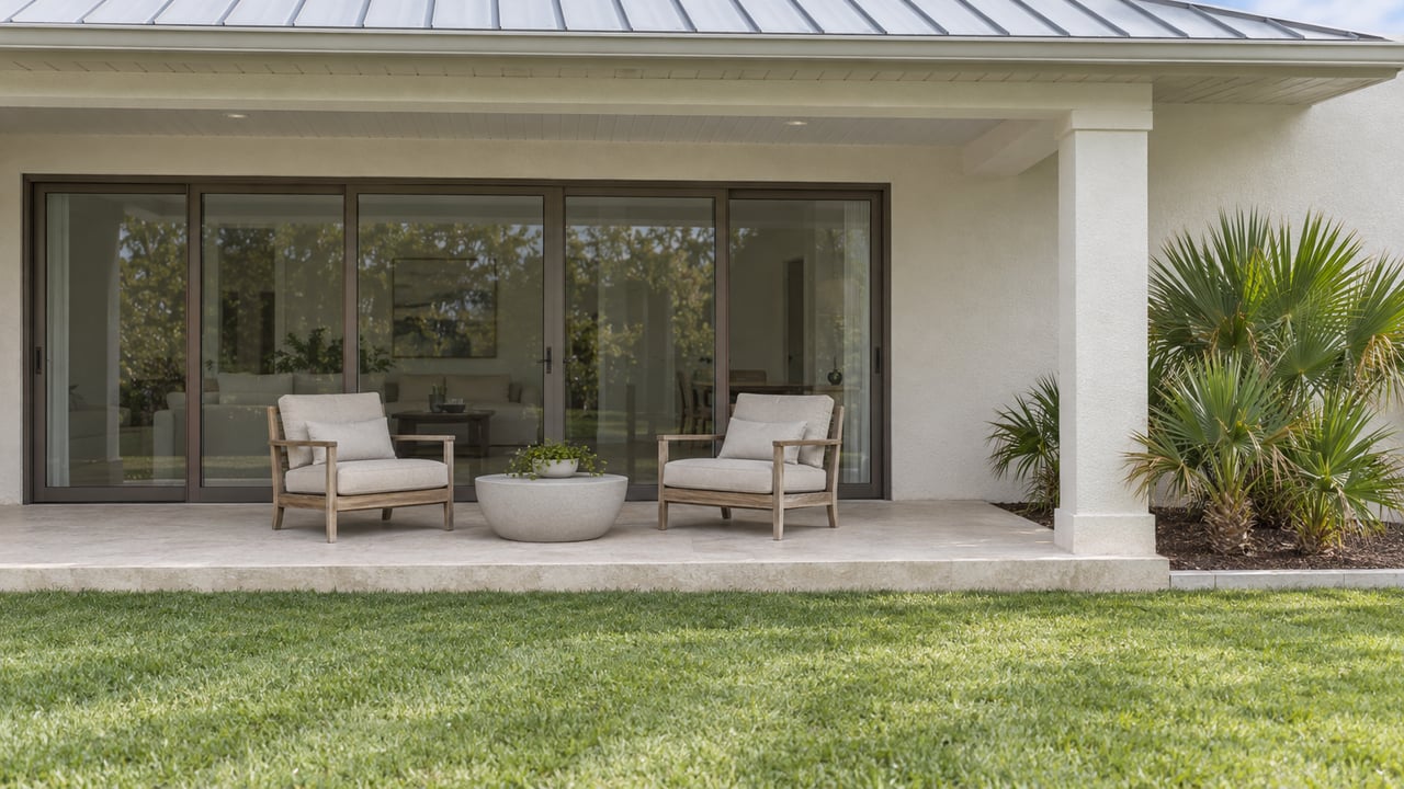 Light stucco home with a covered terrace, two teak chairs, closed glass doors, a green lawn and three dwarf palmettos.