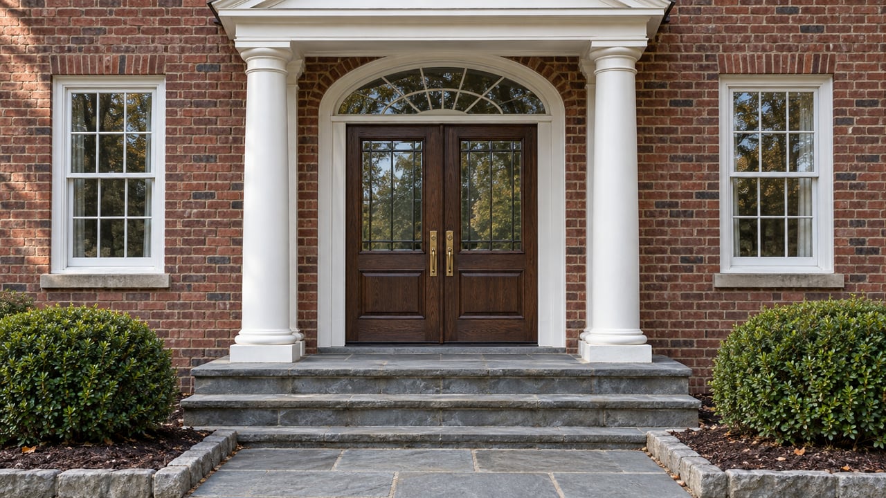 Red-brick home entrance with white columns, dark wood double doors, bluestone steps and two clipped boxwoods.