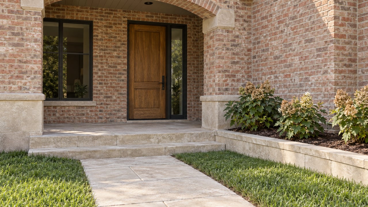 Warm brick home entrance with an oak door, limestone steps, and oakleaf hydrangeas beside a lawn.