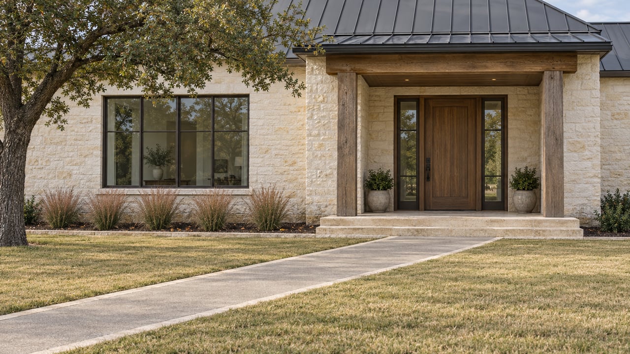 Pale limestone home with a timber porch, bronze-framed windows, and a broad concrete approach crossing an autumn lawn beneath a mature oak.