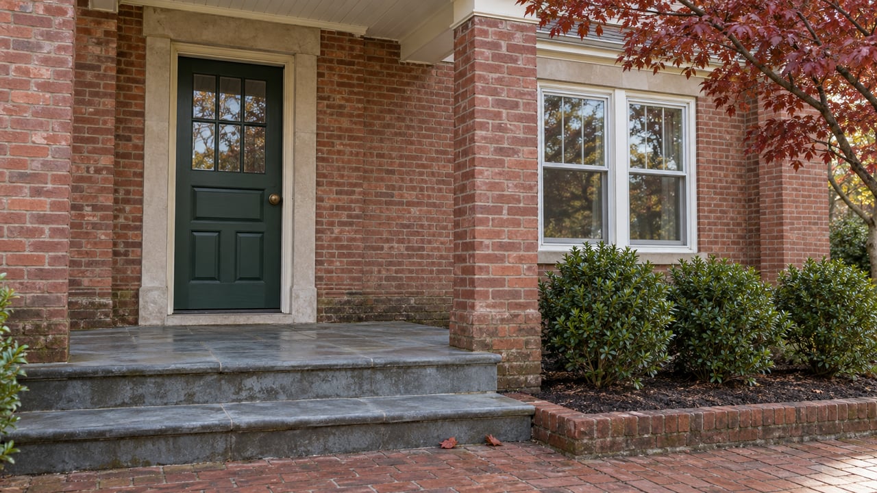 Covered brick entrance porch with a green glazed door, paired sash windows, worn bluestone steps and burgundy dogwood leaves.