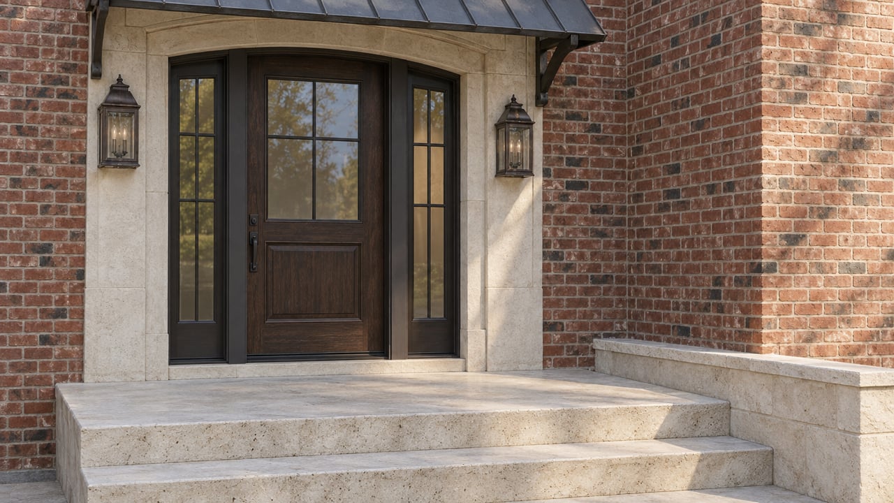 Closed oak entry door with paired sidelights, bronze lanterns, red brick, and cream limestone steps beneath a dark metal awning.