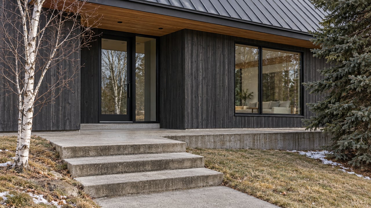 Dark wood-sided home with a timber-lined entry, broad glazing and concrete steps beside a frost-flattened lawn, spruce and bare birch.