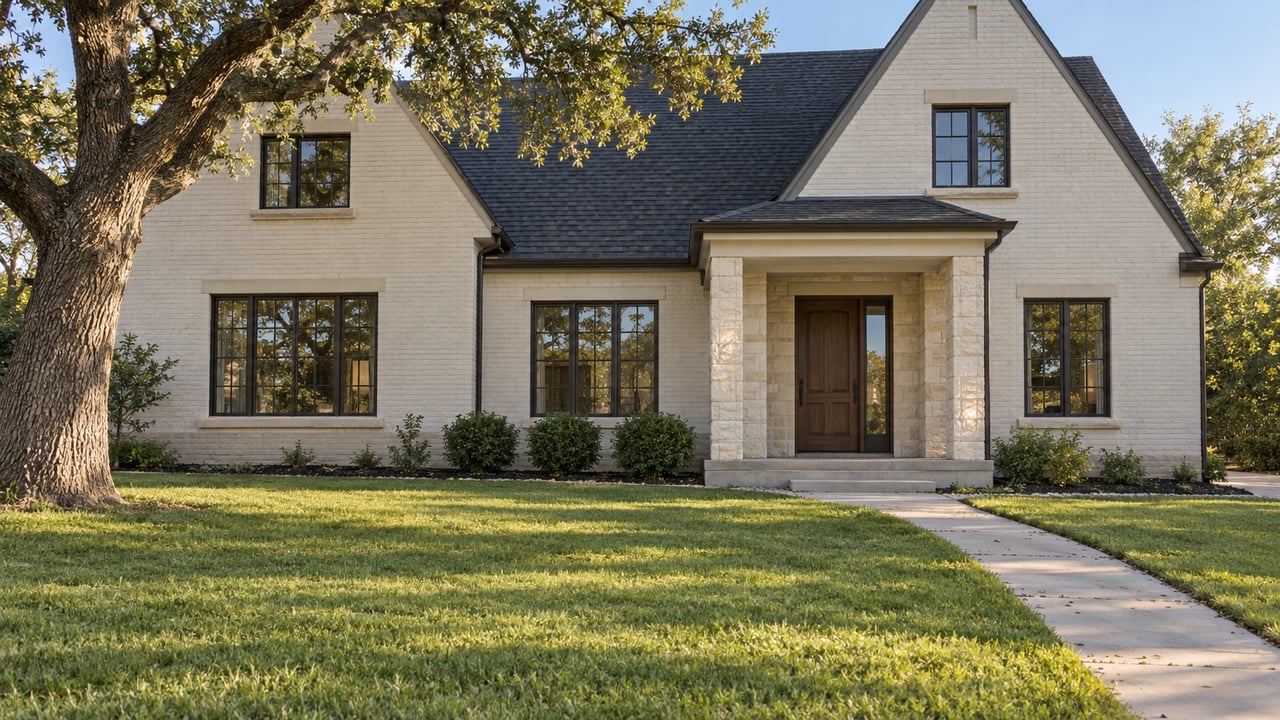 Ivory painted-brick home with steep charcoal gables, dark windows, a sheltered oak entry and a broad green lawn beneath a mature post oak.