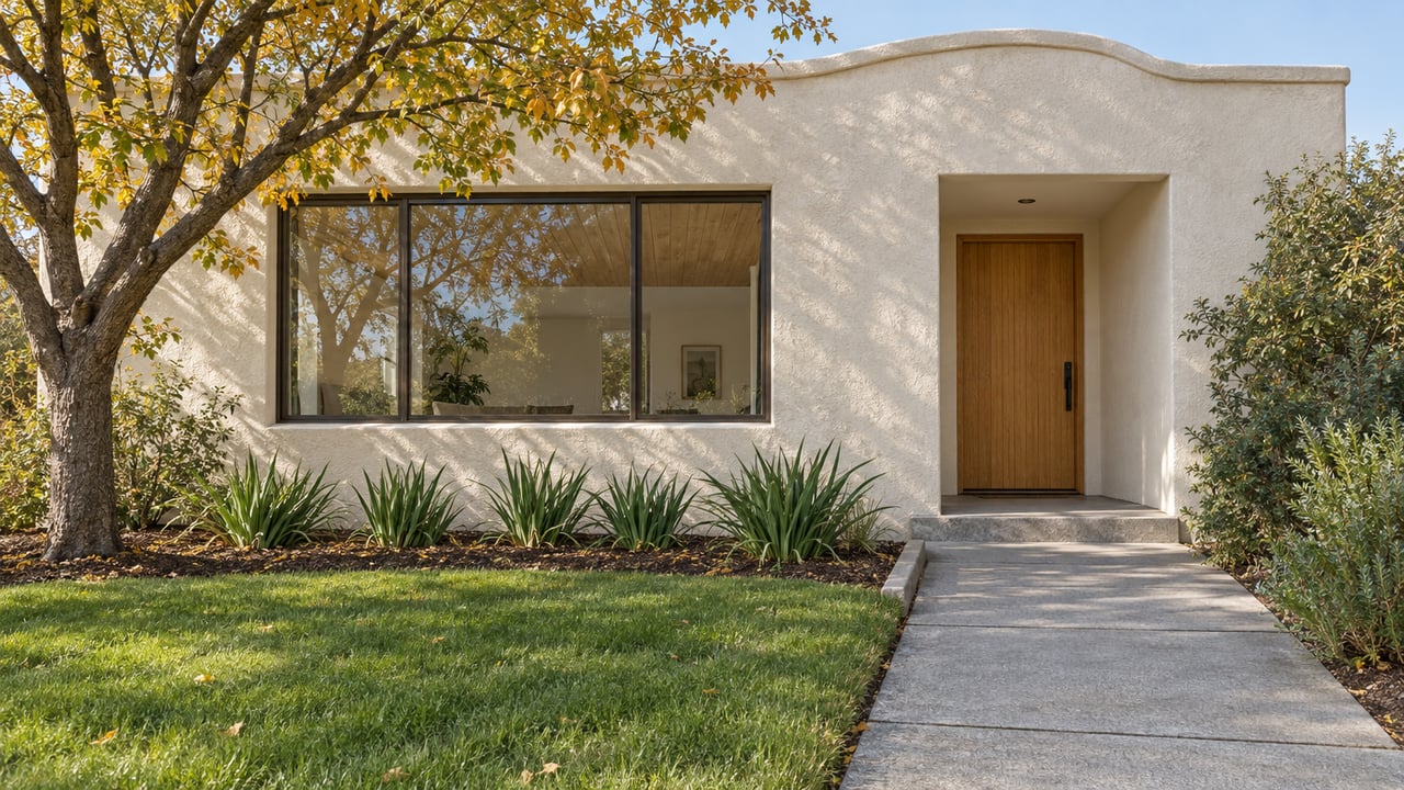 Single-story stucco home with a curved parapet, broad picture window and oak entry, viewed across a lawn and concrete garden approach beneath an autumn redbud.