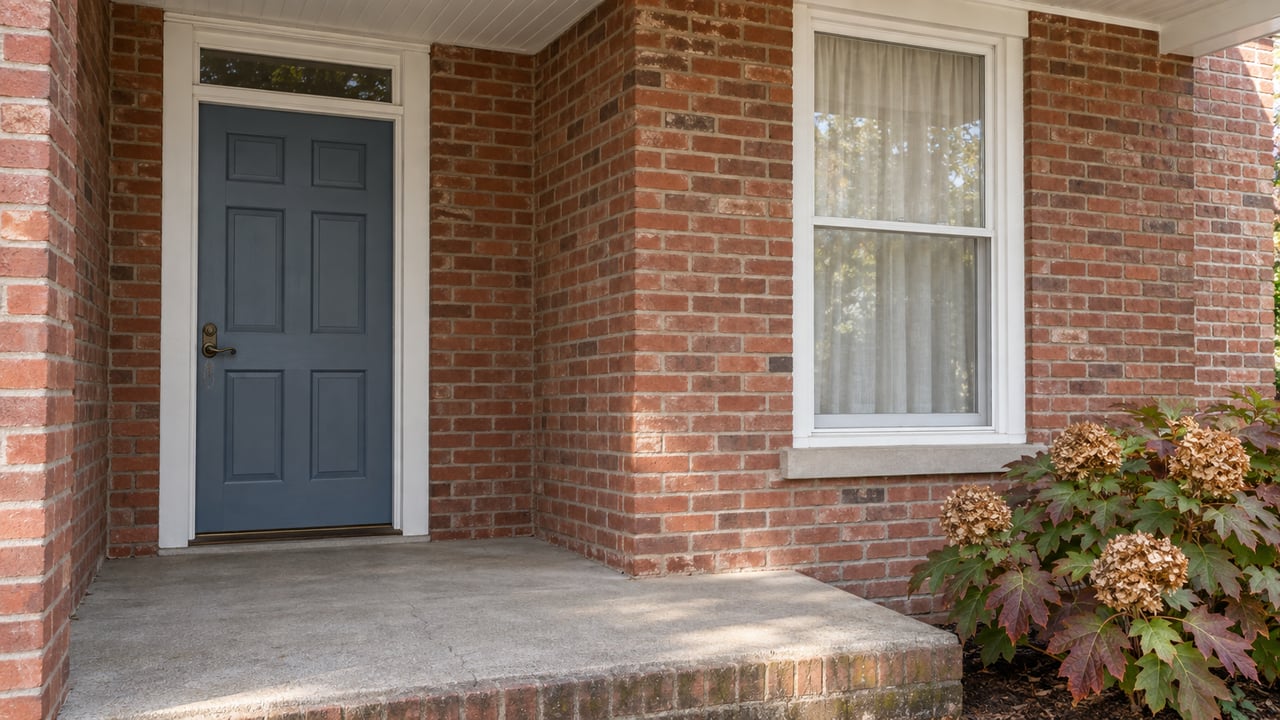 Close view of a slate-blue front door and white-trimmed window in a red brick house, above a weathered concrete stoop and oakleaf hydrangea.