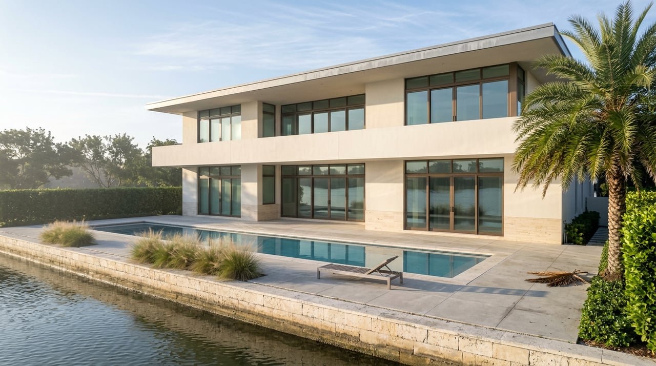 Contemporary waterfront villa with bronze-framed windows, a reflecting pool, limestone seawall, and palm beside the canal.