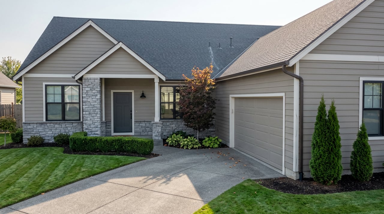 Two-story greige home with stone porch piers, a red Japanese maple, striped lawn, and sweeping concrete driveway.