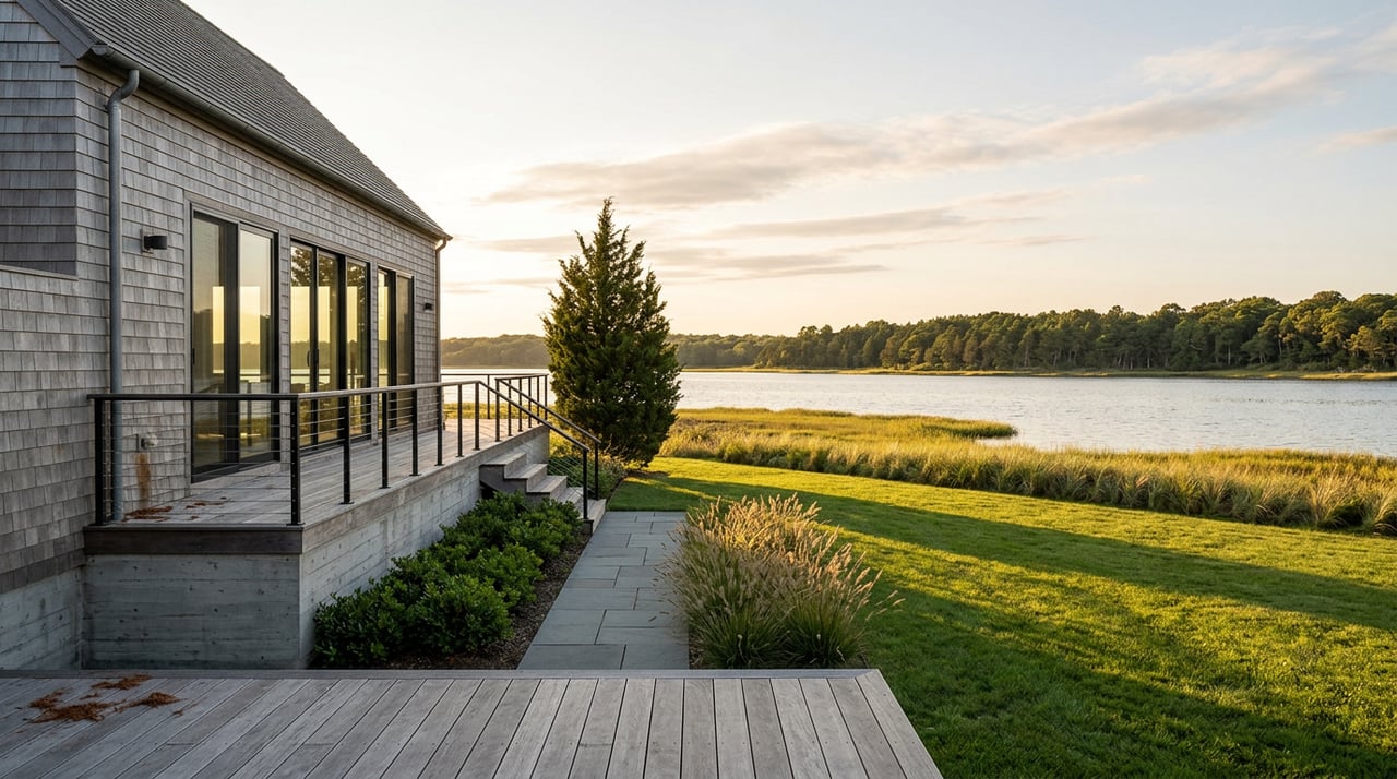 Coastal cedar-shingle home and raised deck overlook a lawn, marsh grass, and calm water lined with trees.