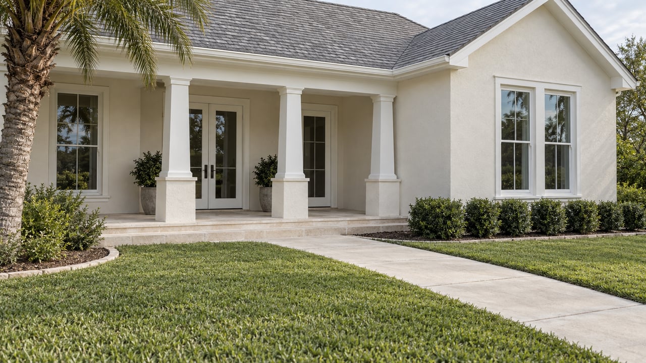 Ivory stucco home with a white timber porch, pale limestone steps and a curved concrete walk across a manicured lawn.