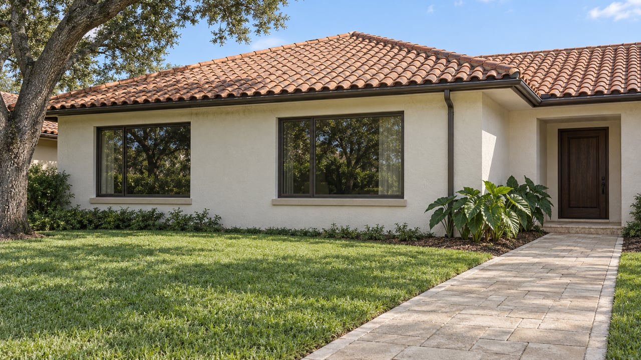 Ivory stucco home with a terracotta hip roof, bronze-framed windows and a paver approach across a broad lawn.