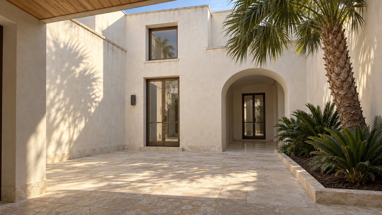 White stucco courtyard with limestone paving, bronze-framed glass doors and a sculptural palm seen from a shaded wood-lined loggia.