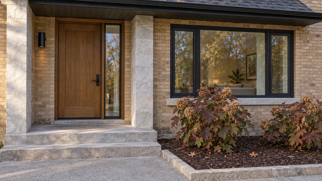 Updated brick home entry with an oak door, grey limestone steps, black-framed window and autumn oakleaf hydrangeas.