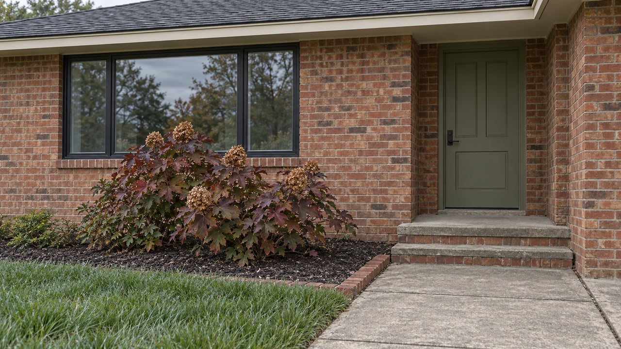 Renovated brick house with an olive front door, black-framed window, worn concrete approach and autumn oakleaf hydrangea.