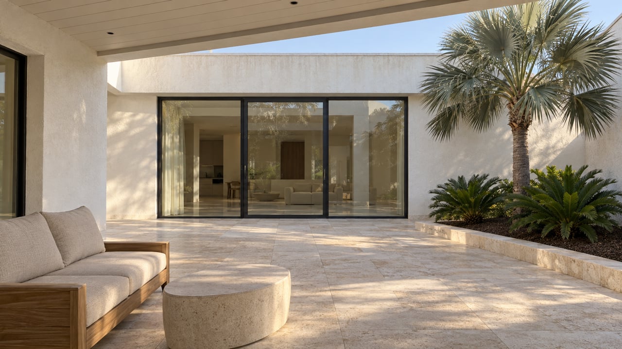 A shaded limestone lanai with a teak sofa faces white stucco walls, black-framed glass doors and a silver palm in warm afternoon light.
