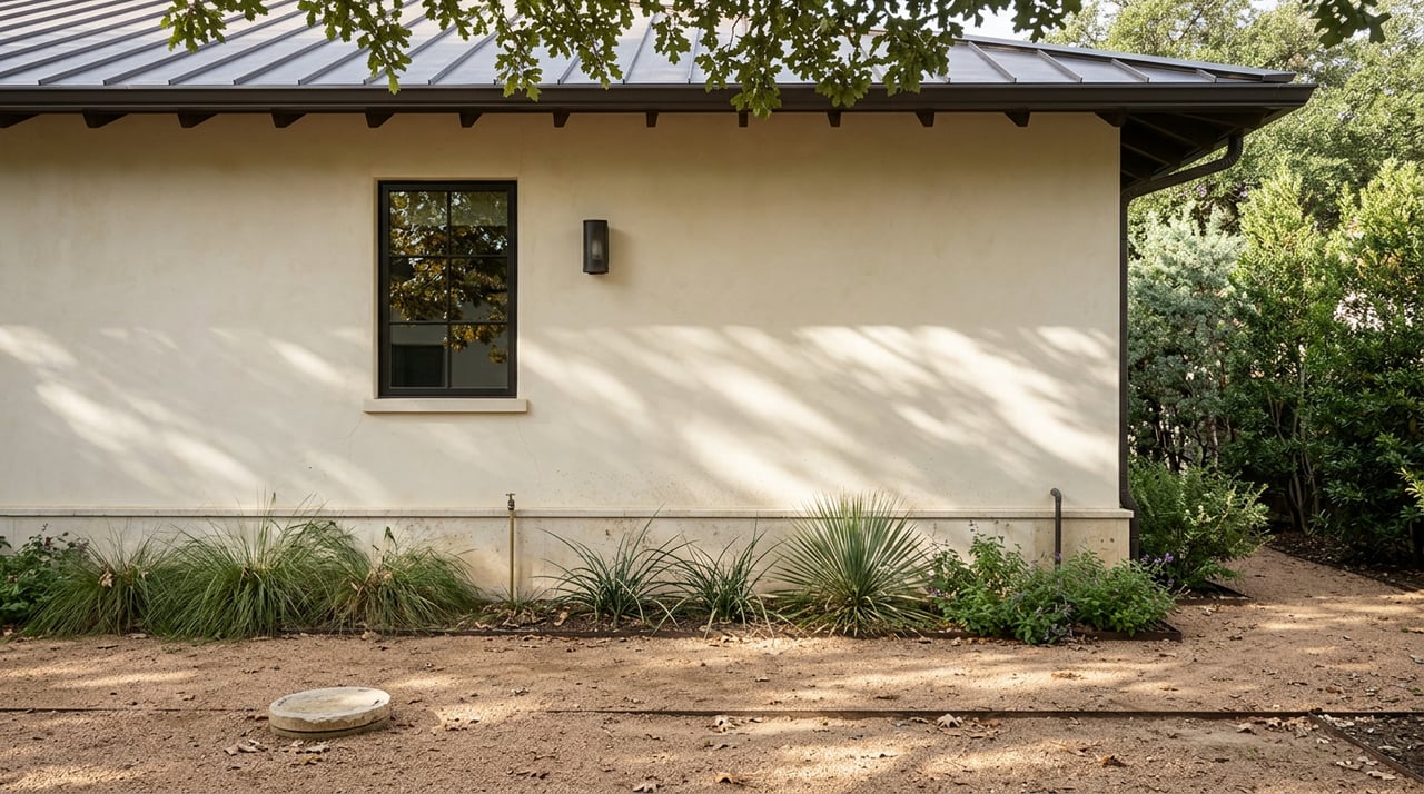 Cream stucco home beneath a bronze roof, with a limestone cleanout cap in a shaded gravel side yard.