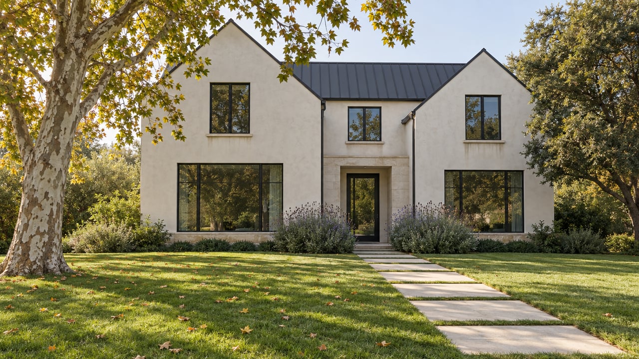 Detached off-white stucco house with dark gables, set behind a broad lawn and limestone path beneath autumn trees.