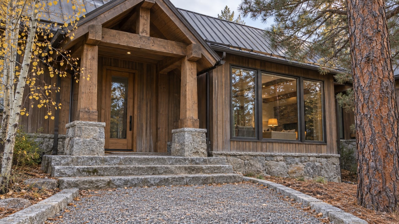 Timber-and-stone home entry with broad stone steps, weathered cedar siding and golden autumn leaves.