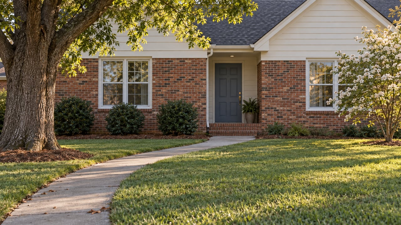 Brick-and-siding suburban house with a slate-blue door, curved concrete walk, lawn, and mature oak.