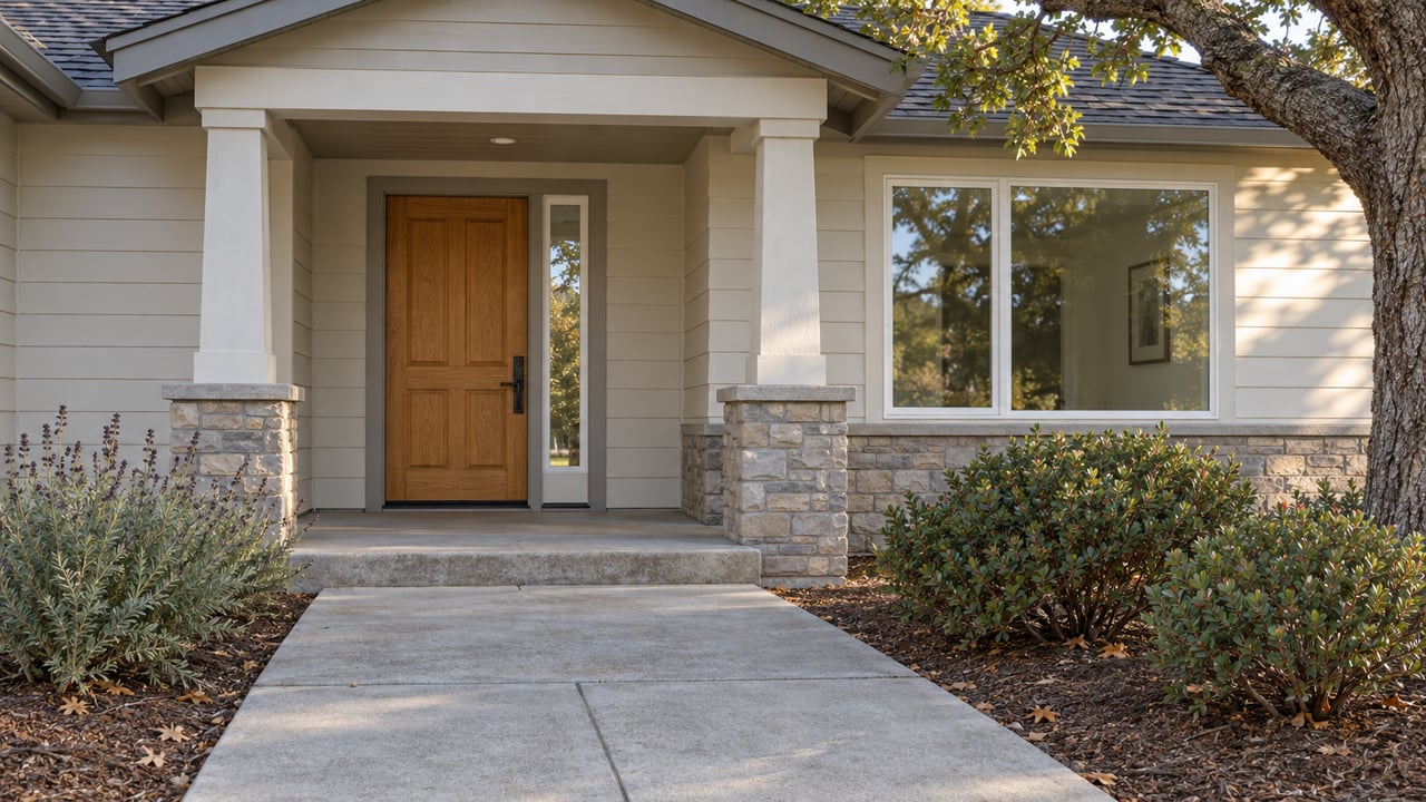Covered entry of a cream-sided home with an oak door, stone foundation, concrete path and carefully spaced flowering shrubs.